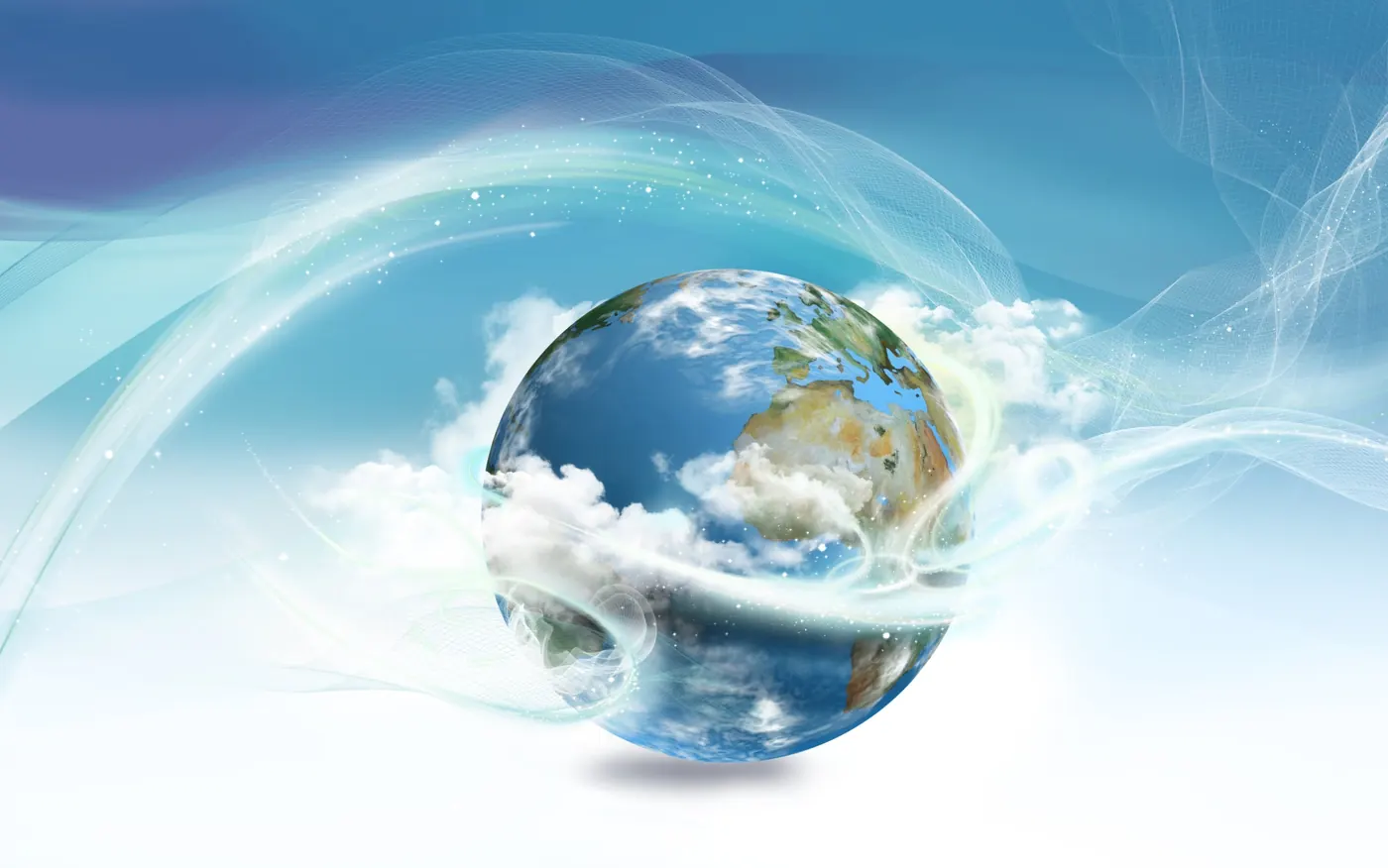La Terre entourée de nuages et de flux d’énergie lumineux