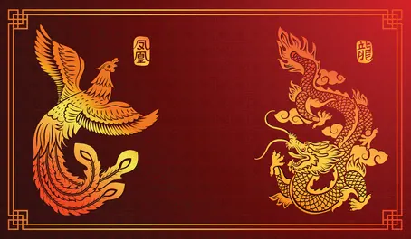 Un phénix et un dragon dorés sur fond rouge, symboles de prospérité